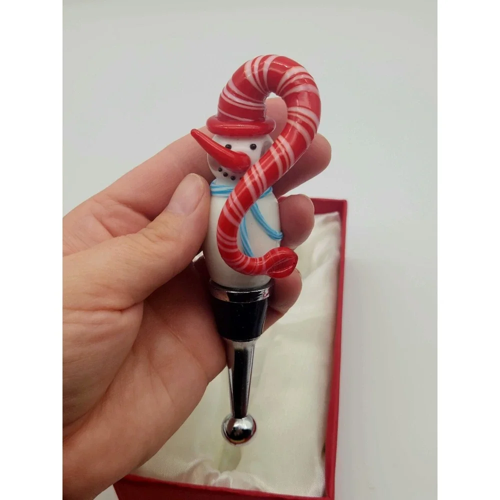 Snowman Art Glass Wine Bottle Stopper In Box Christmas Winter Large